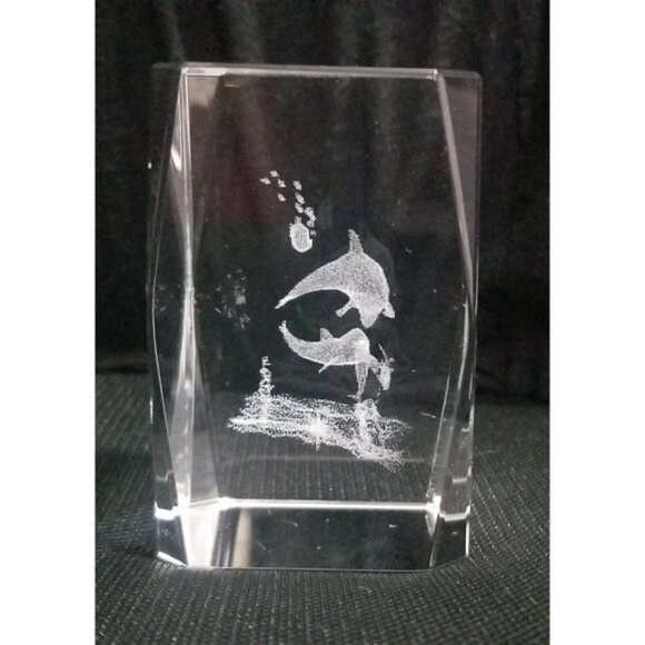 3D Etched Crystal Glass Dolphin Figurine Paperweight With Marine Life Scene Rect - Picture 5 of 8